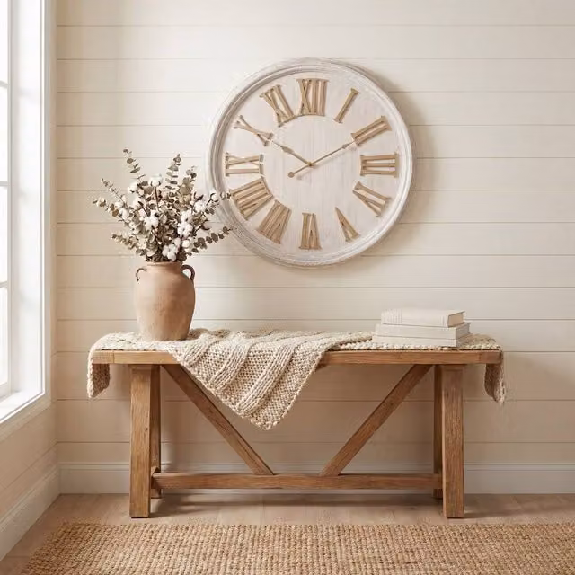 Lemon Pavilion White Scandinavian Quartz Wall Clock with Wood and Ceramic Details, W60 x H60 cm