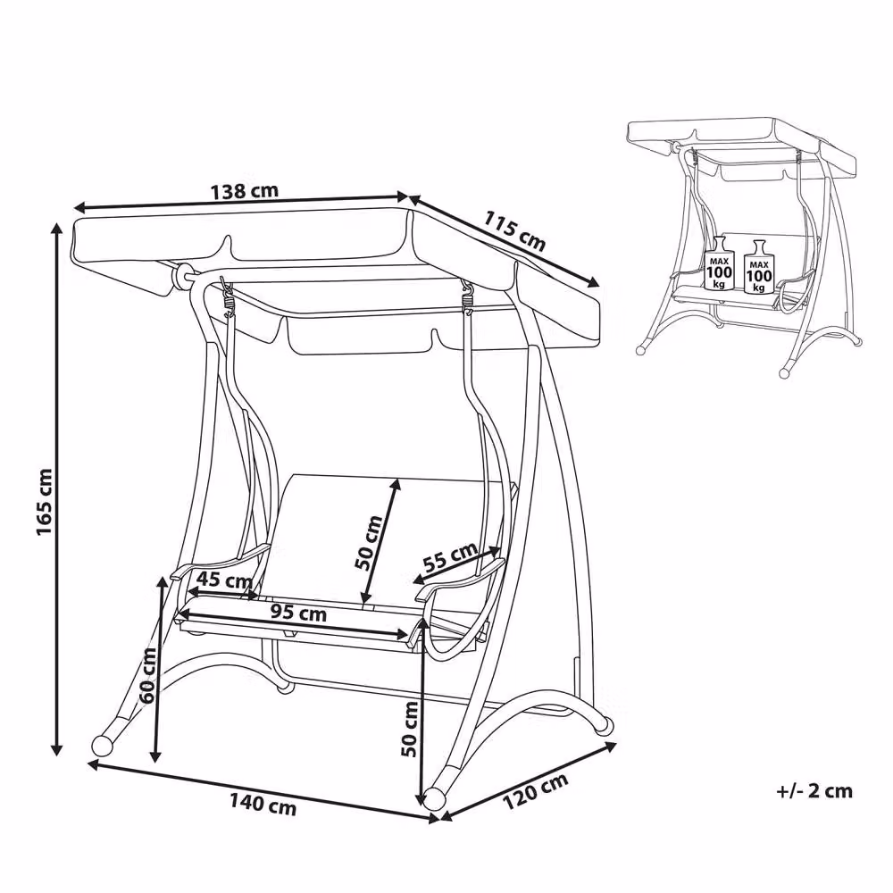 Wyld and Coco 2 Seater Modern Garden Swing with Sun Canopy in Grey Textilene and Powder Coated Steel – 3