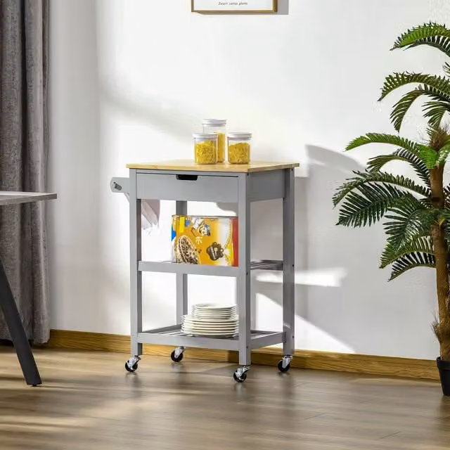 HOMCOM Kitchen Trolley Utility Cart with Rubberwood Worktop and Towel Rack in Grey – 1