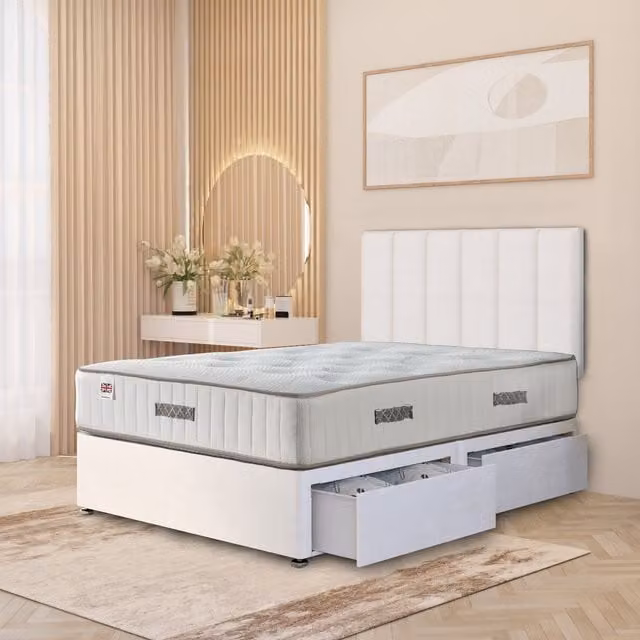 Somnior Beds Ltd Austin Plush Velvet Orthopaedic Divan Bed Set with Hybrid Mattress, Headboard and Drawers, White, W/D: 120 x 200 cm
