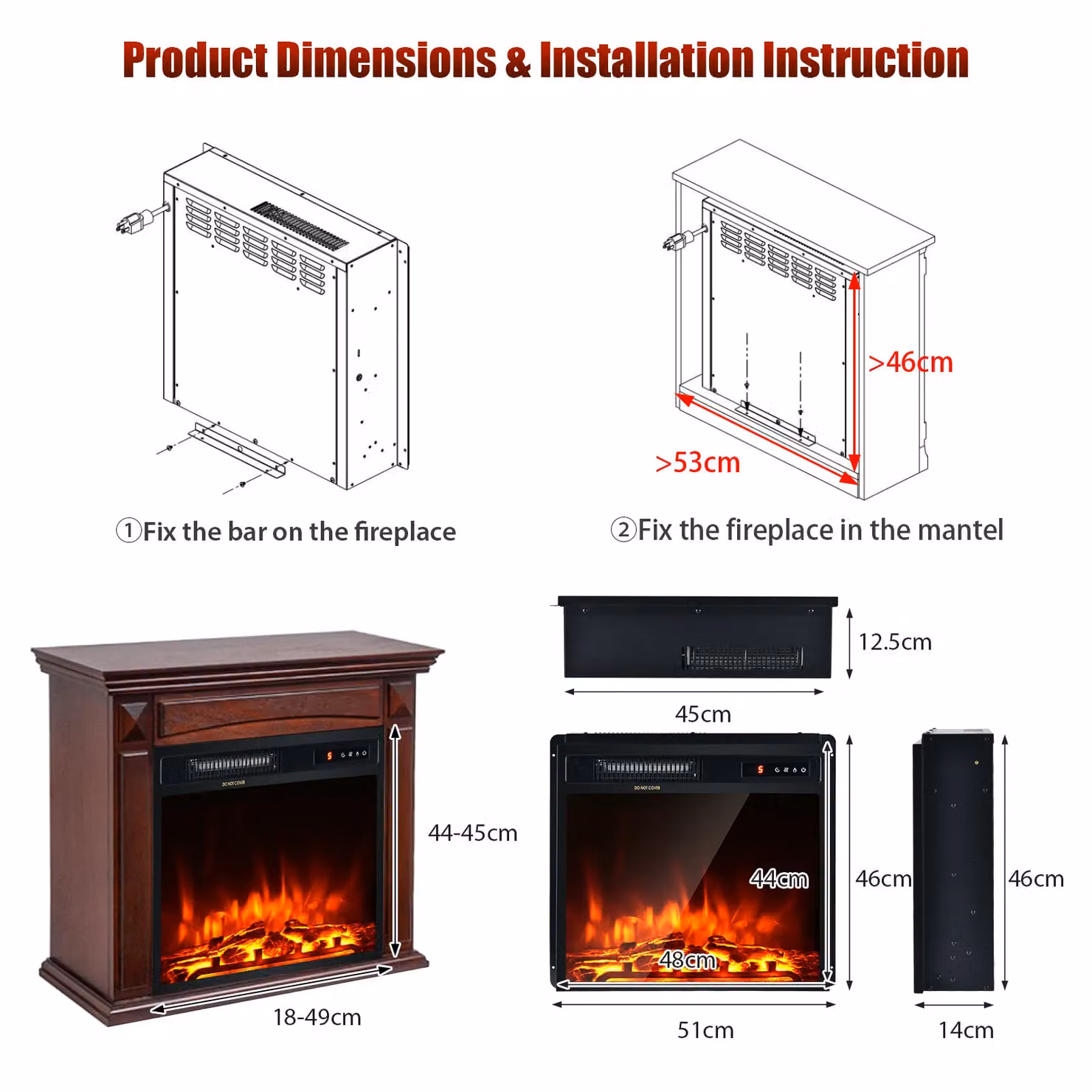 Costway 1500W Electric Fireplace Stove Heater with Log Flame Effect in Black – 2