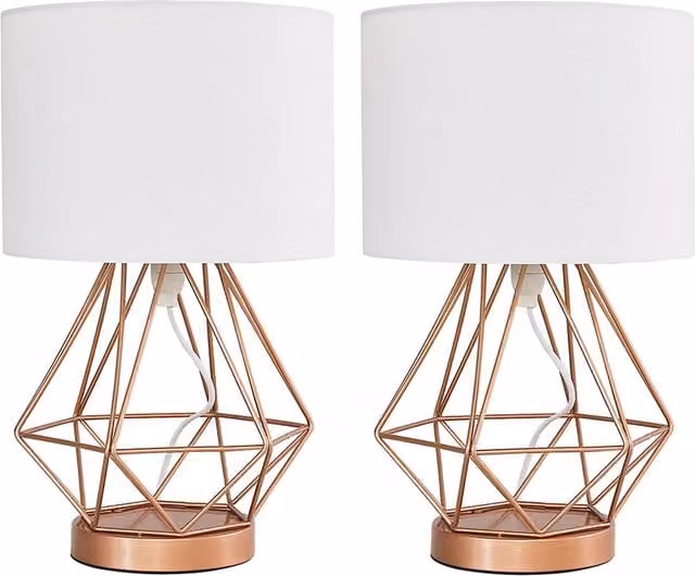 Melrose Modern Touch Table Lamps, Set of 2, White and Copper Metal with Fabric Cylinder Shades