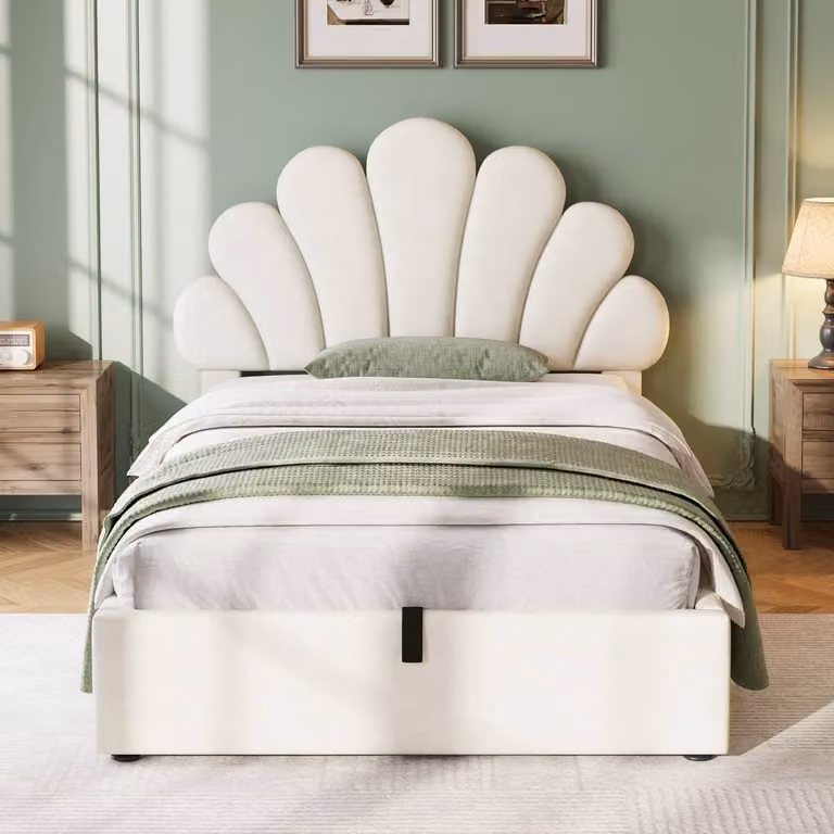 Rolipo Double Velvet Petal Upholstered Bed with Hydraulic Lift-Up Storage in Beige