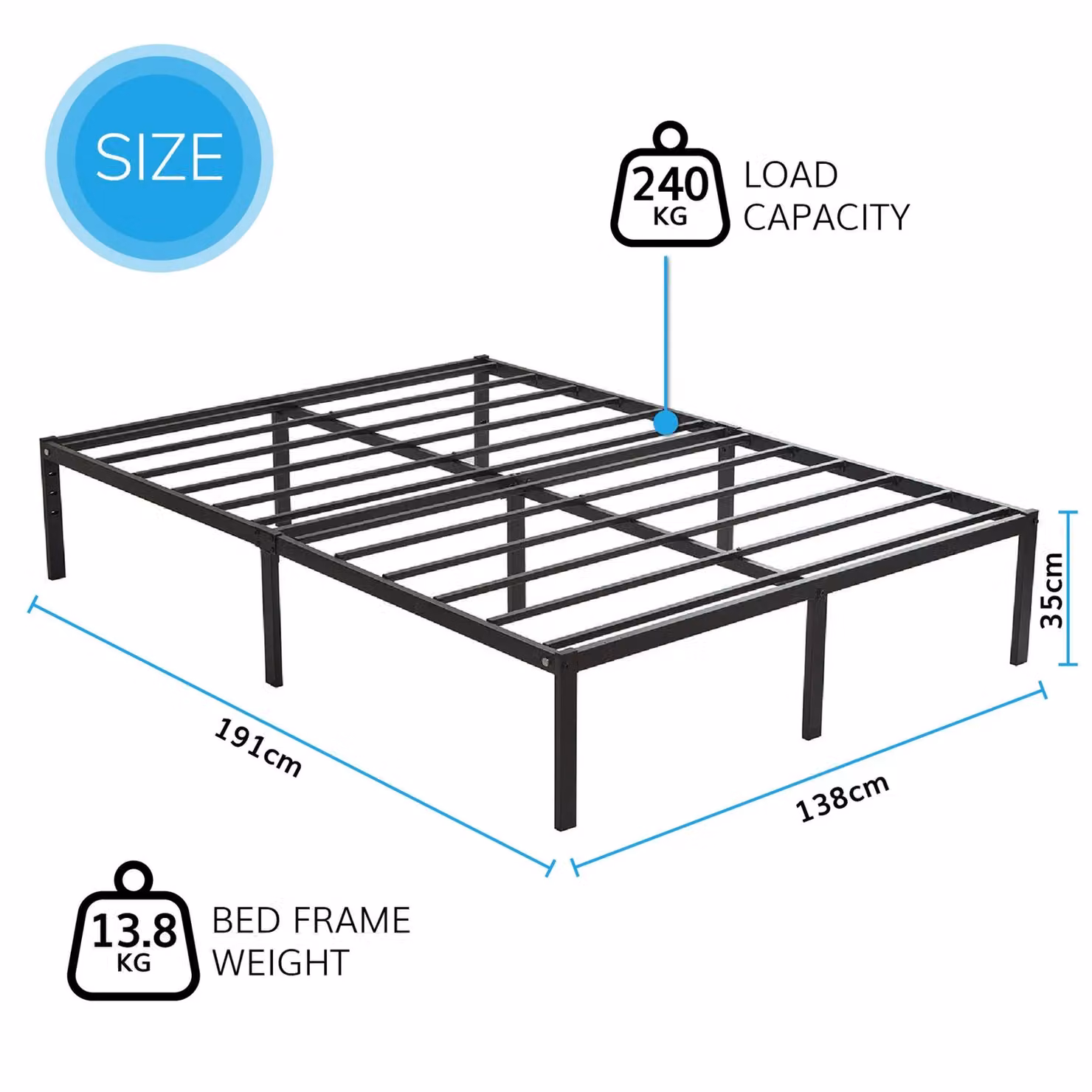 House of Home Black Metal Double Bed Frame, W/D/H: 138 x 191 x 35 cm – 2
