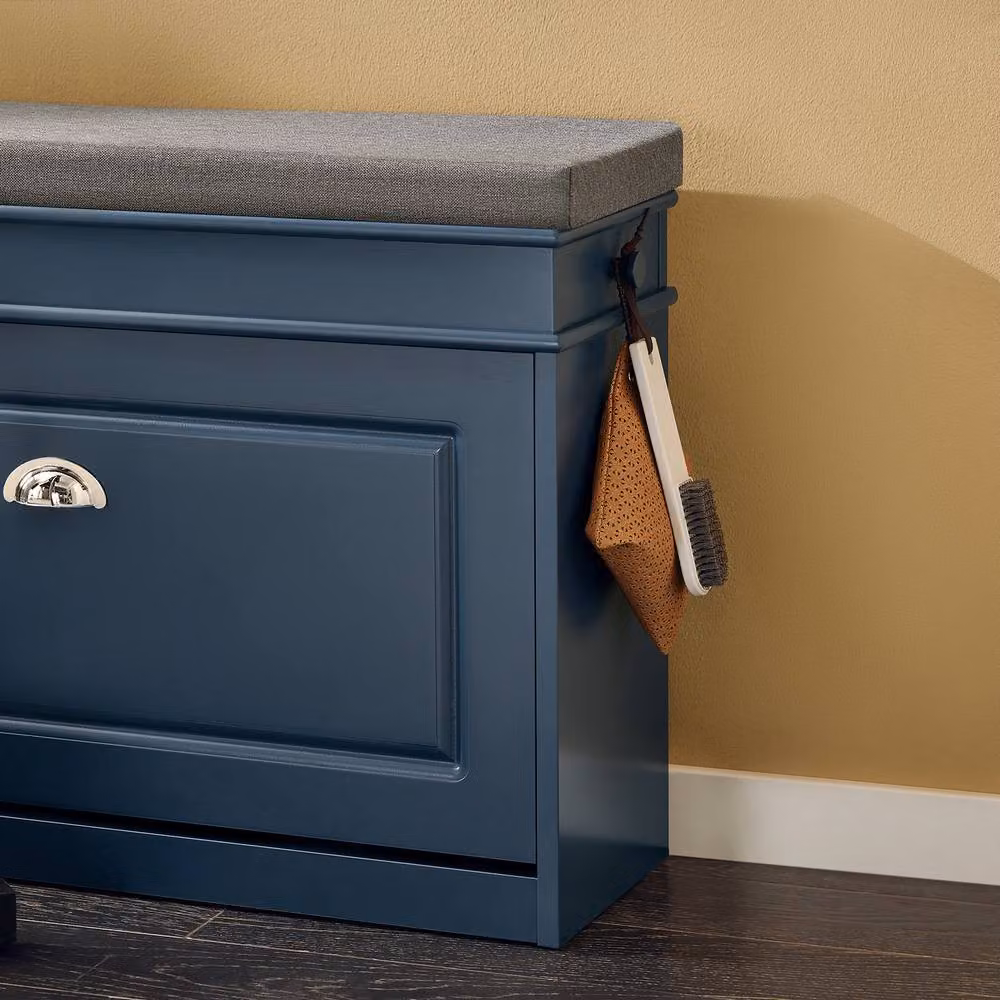 SoBuy Slim Entrance Bench and Shoe Rack with Lift-Up Seat and Drawer in Blue Rustic Fabric – 3