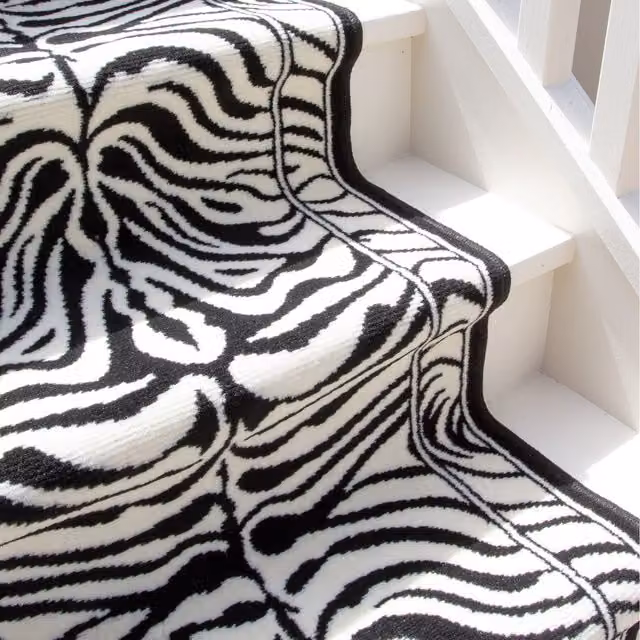 The Rug House Zebra Cut To Measure Stair Carpet Runner, Black and White, Width: 70 cm, Length: 365 cm