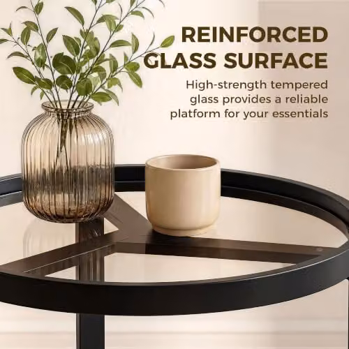 HOMCOM Modern Round Side Table with Transparent Glass Top and Black Metal Frame – 4