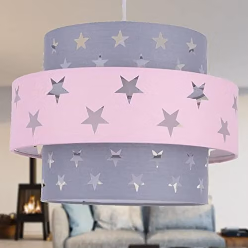 First Choice Lighting Pair of Pink and Grey Star Two Tier Fabric Light Shades – 2