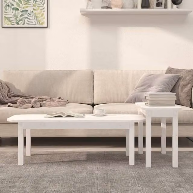 Berkfield Home Beautiful 2 Piece White Solid Pine Wood Coffee Table Set with Nested Tops