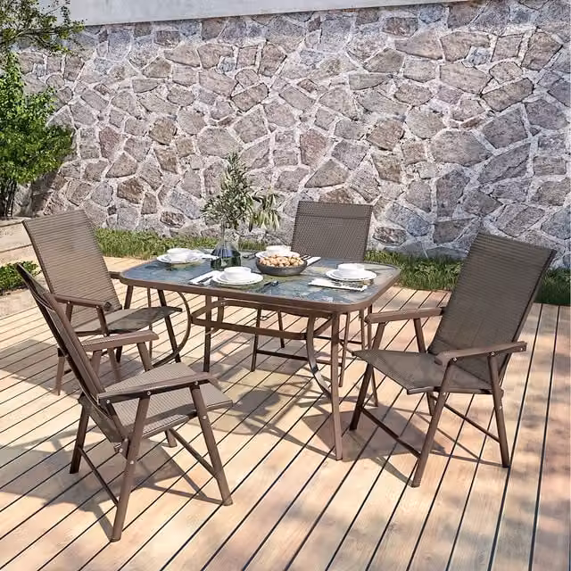 Livingandhome Brown Bistro Set with Rectangular Tempered Glass Table and 4 Metal Folding Chairs