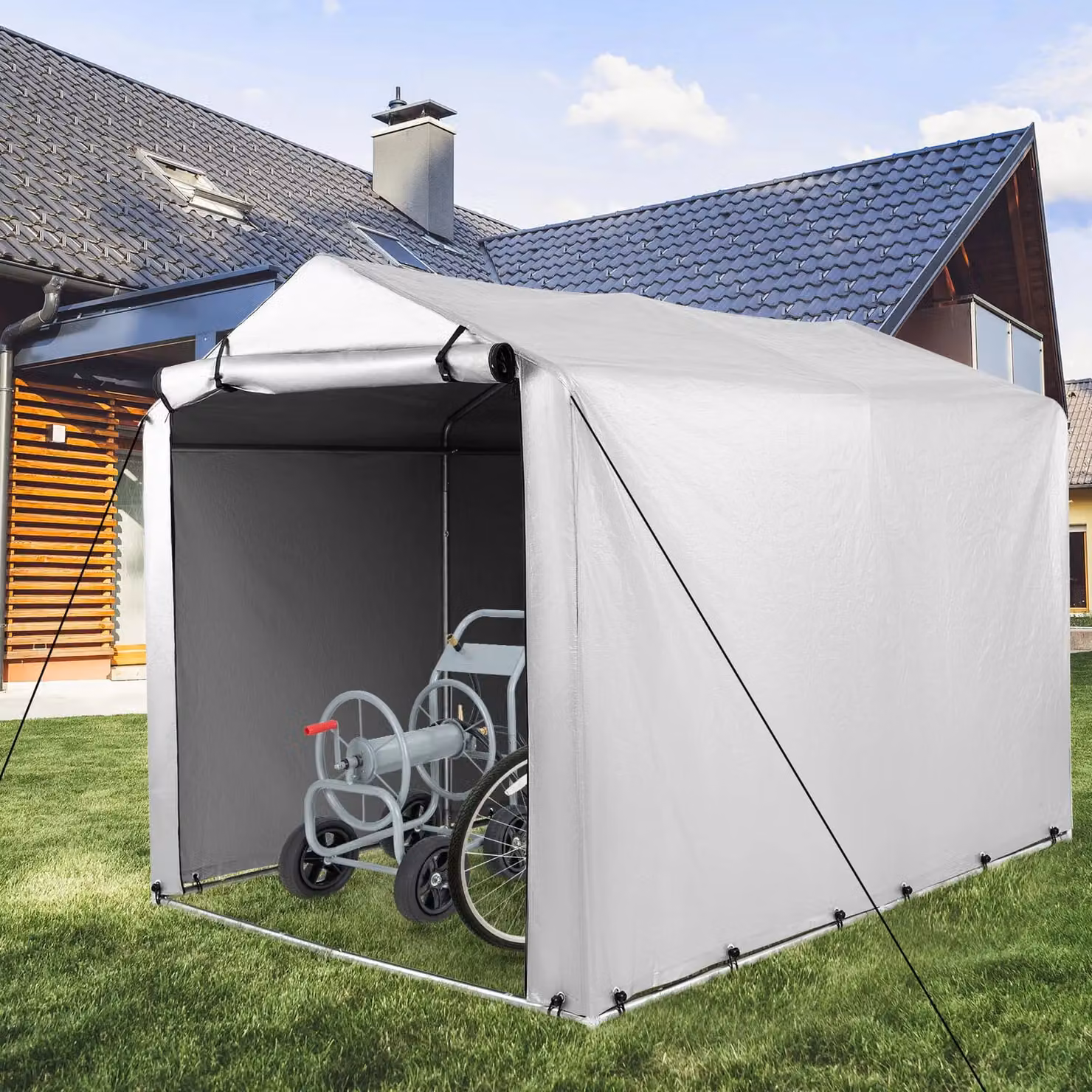 Costway Outdoor Storage Shed in Grey, Galvanised Steel Gable Garage Shelter, W: 160 cm, D: 218 cm, H: 164 cm – 6
