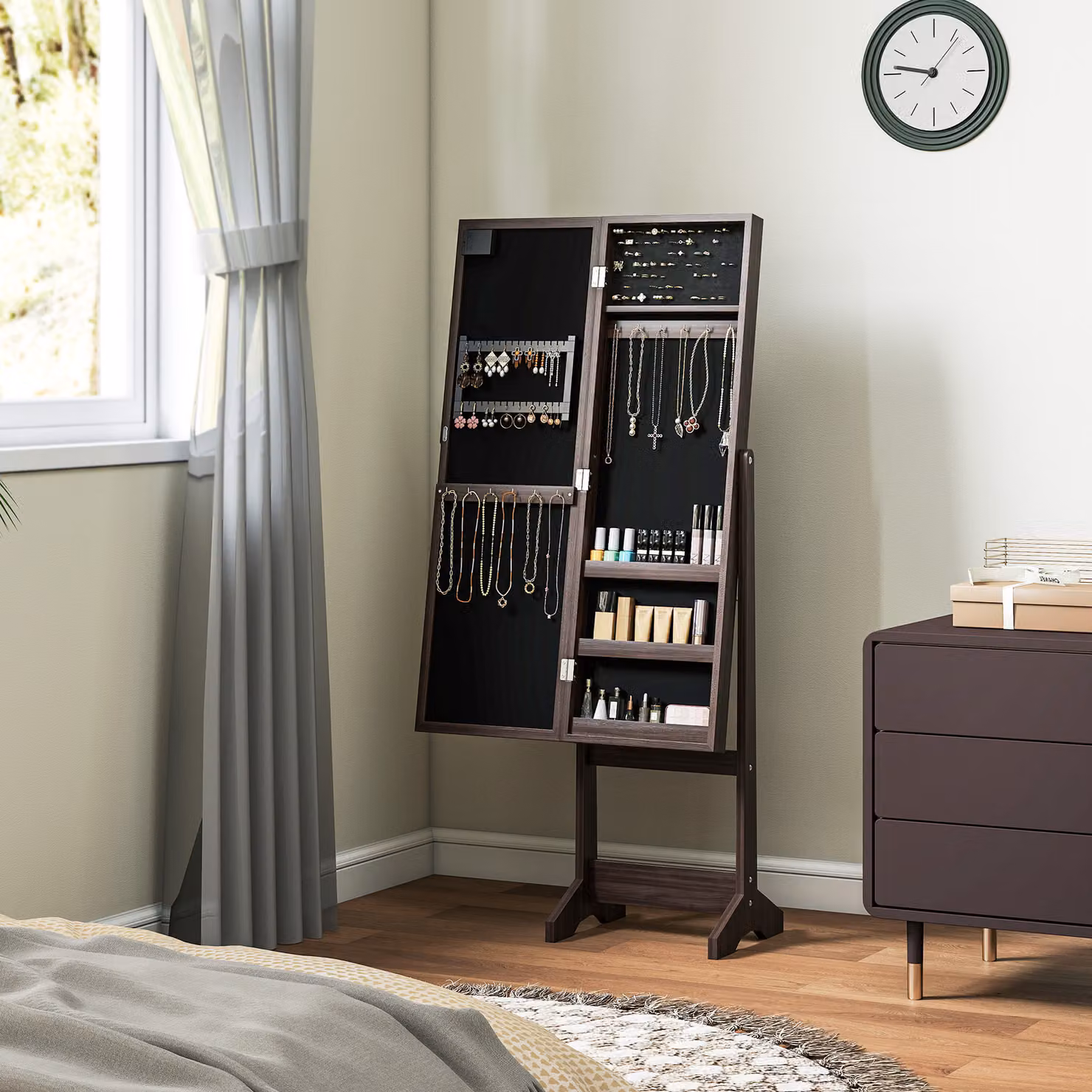 HOMCOM Free Standing Jewellery Cabinet with LED Lights and Full-Length Mirror, Dark Brown – 7