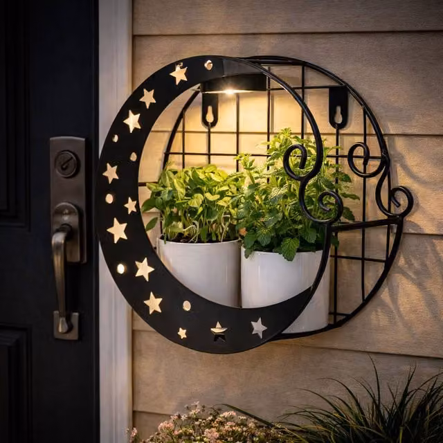 Gardenwize Solar Moon Wall Planter with Warm White LED Light, Black Metal Moon Shaped Outdoor Hanging Flower Pot for Garden and Balcony, W/D/H: 25 x 25 x 12 cm