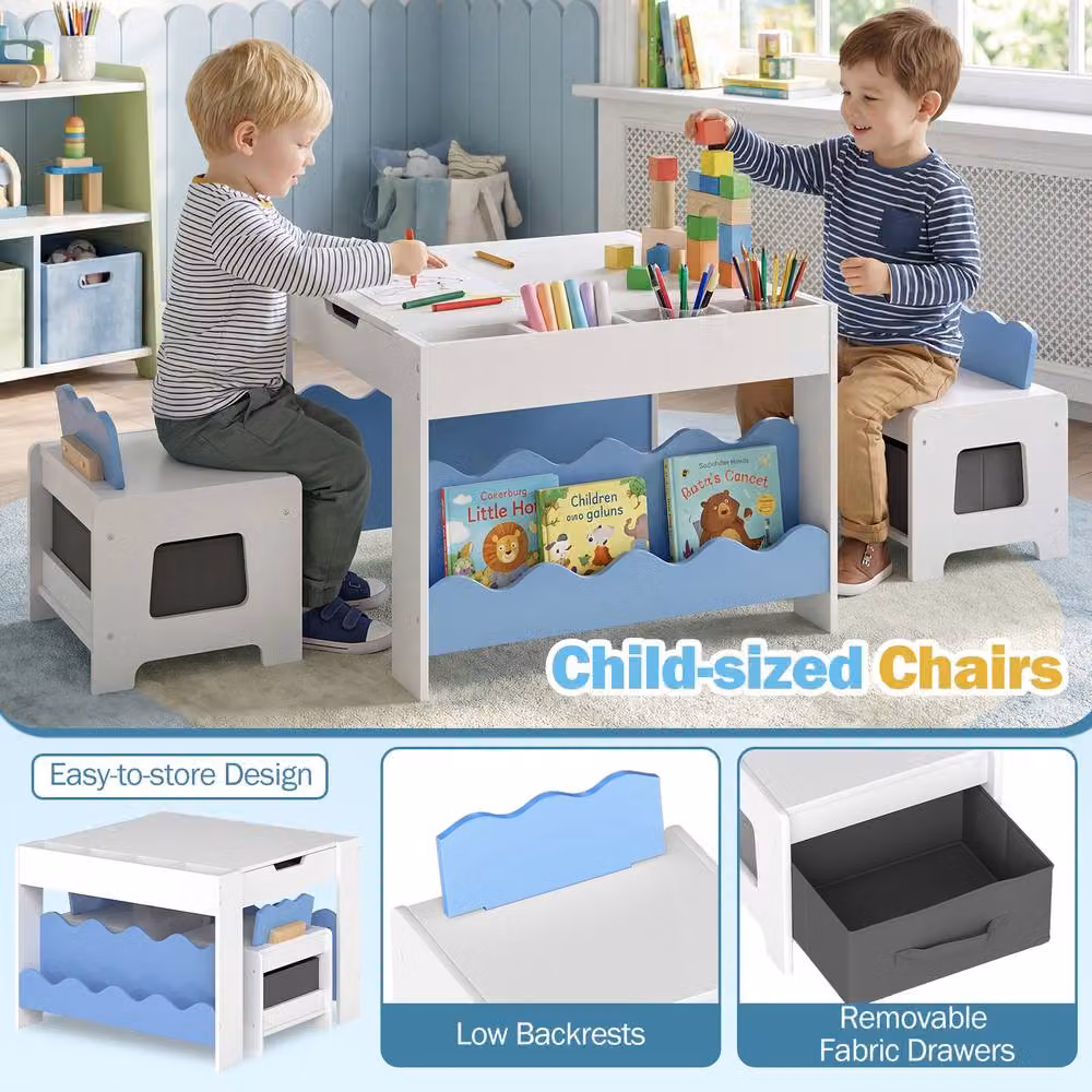 CASART Wooden Kids Table and Chairs Set with Chalkboard and Drawers in Blue – 7
