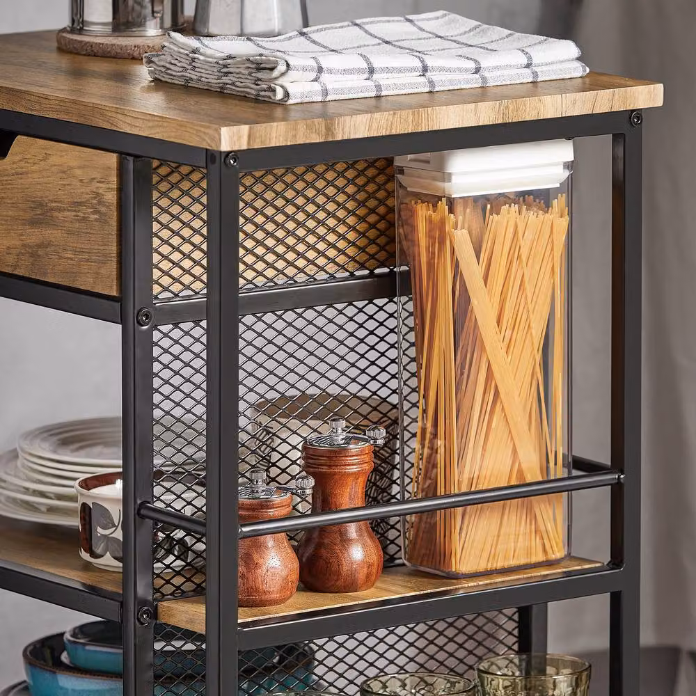 SoBuy Industrial Kitchen Trolley on Wheels with 1 Drawer and 4 Shelves in Brown and Black – 4