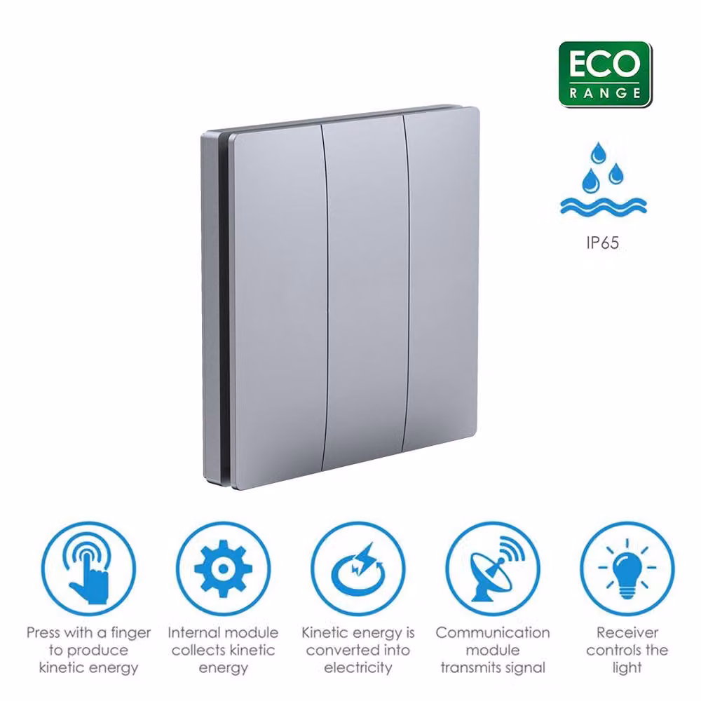 ENER-J Wireless Kinetic 3 Gang Switch in Silver, IP56 Waterproof Battery Operated – 2