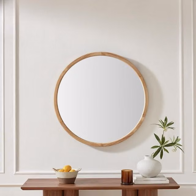 FurnitureboxUK Judith Wood Mid-Century Round Wall Mirror, Brown, Diameter: 80 cm
