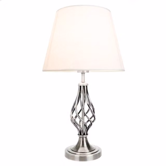 Happy Homewares Traditional Table Lamp with Barley Twist Base and White Fabric Shade in Metallic Silver