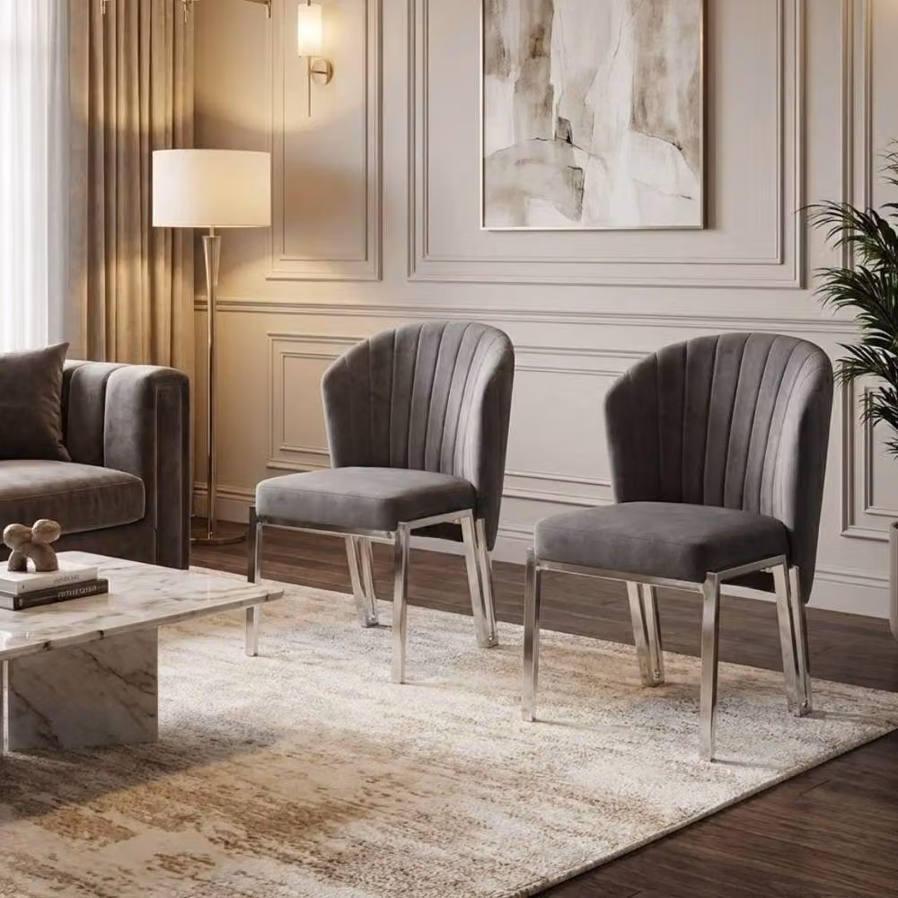 HOME LUXE INTERIOR Set of 2 Fabio Grey Velvet Dining Chairs with Modern Silver Metal Frame – 3