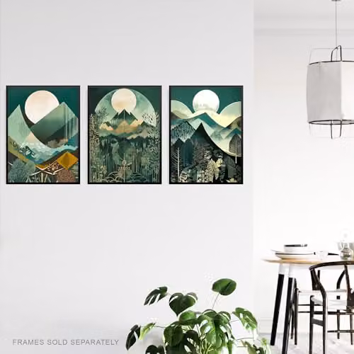 Artery8 Set of 3 A4 Geometric Forest and Mountain Landscape Boho Art Deco Paper Poster Prints in Tan, Petrol and Green – 3
