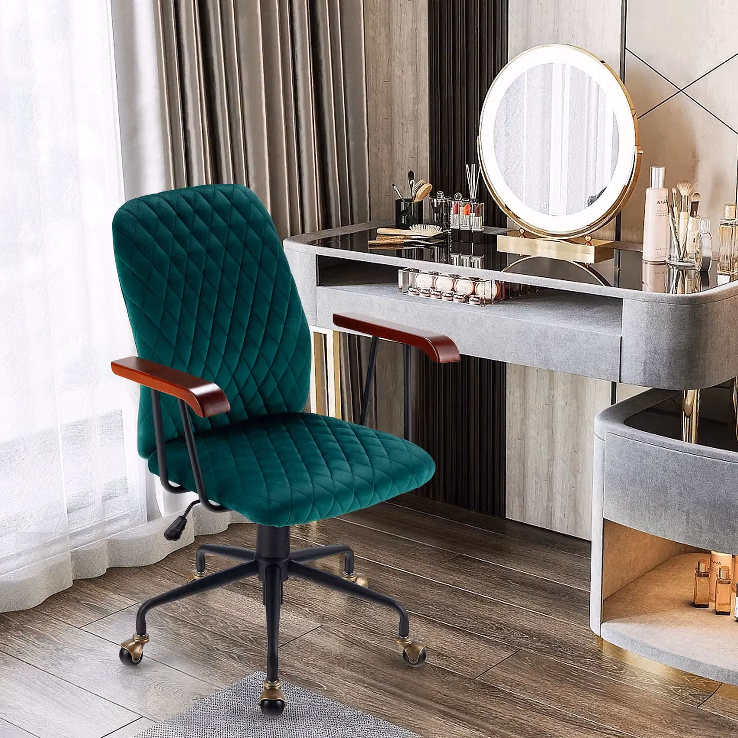 Costway Green Velvet Swivel Task Chair with Adjustable Height and Castors for Home Office – 3