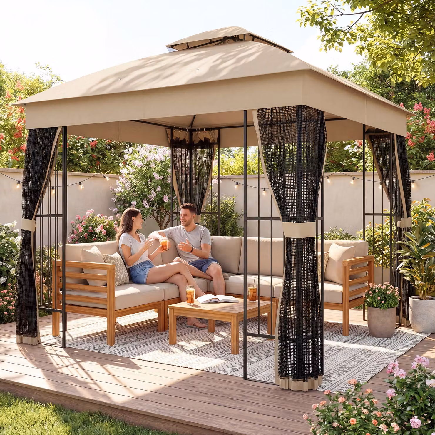 Outsunny Brown Outdoor Garden Gazebo with Post Shelves, UPF50+ Double Roof Permanent Patio Pavilion, W: 300 cm, D: 300 cm, H: 275 cm – 9