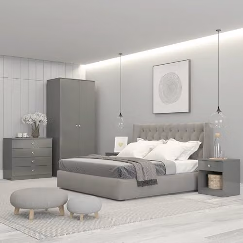 Seconique Denver Trio Bedroom Set in Grey Gloss featuring Wardrobe, Chest of Drawers and Nightstand
