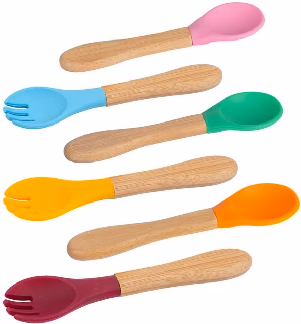 Tiny Dining 6-Piece Bamboo Baby Weaning Fork Set with Silicone Tips in Multicolour