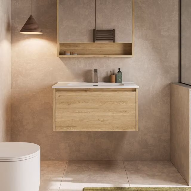 Banyetti Mino 800mm Wall Hung Vanity Unit with Athena Basin in Natural Light Oak – 1