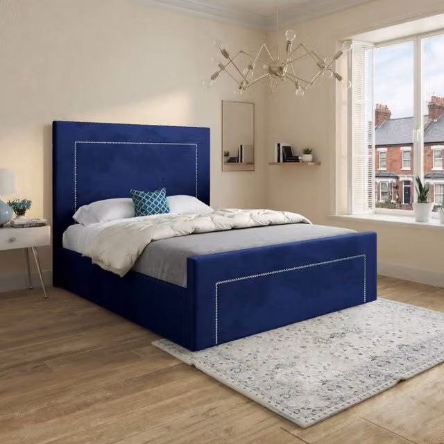 Casani Kemsing Upholstered Blue Velvet Designer Bed Frame, W/D/H: 200 x 137 x 189 cm