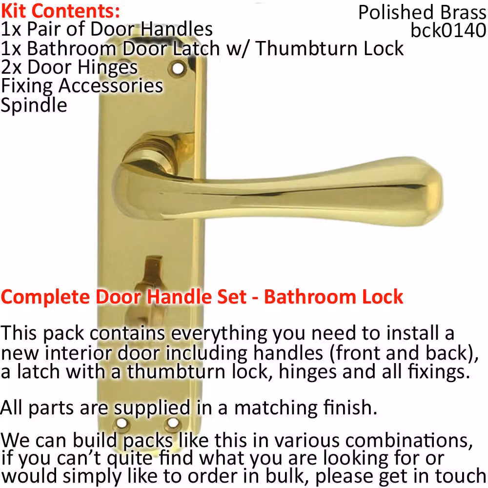 Loops Polished Brass Door Handle and Bathroom Lock Pack with Smooth Flared Bar Thumb Turn Backplate – 2