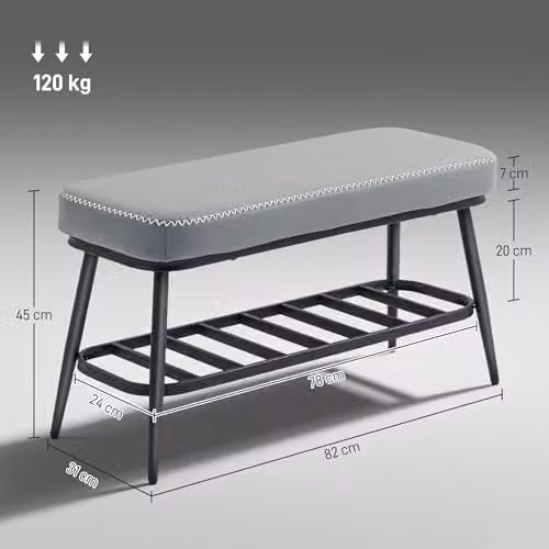 HOMCOM Modern Grey PU Leather and Metal Shoe Bench with Shoe Rack, W/D/H: 120 x 31 x 45 cm – 3