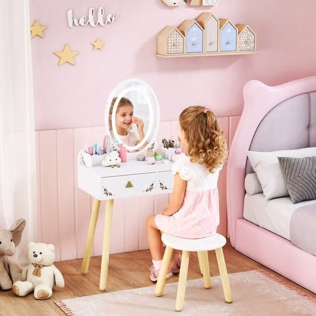 AIYAPLAY Kids Dressing Table and Stool Set with Mirror in White – 4