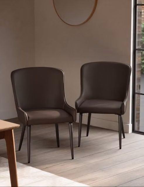 M&S Set of 2 Braxton Modern Dining Chairs in Brown with Synthetic Leather and Metal Legs