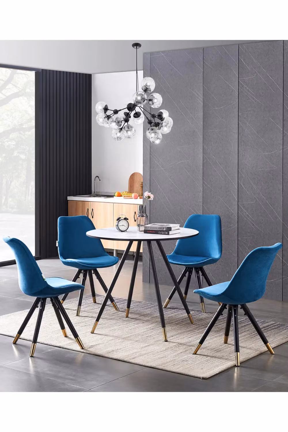 Life Interiors Sofia Modern Ergonomic Dining Chair Upholstered in Blue Velvet with Gold End Cap Metal Legs – 4