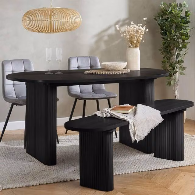 Birlea Axel Oval Fluted Dining Set in Black with Table, 2 Chairs and Bench