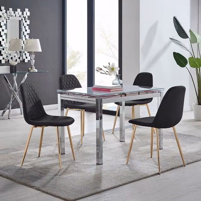 Furniturebox Enna White Glossy Glass Extending Rectangular Dining Table and 4 Corona Gold Leg Chairs in Black