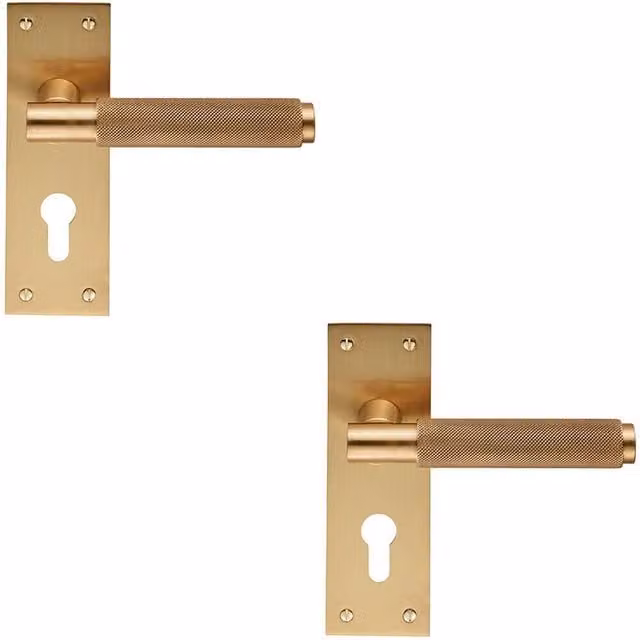 Loops 2x Pair Knurled Round Handle on Slim Euro Lock Backplate, Satin Brass, W: 150 mm x H: 50 mm