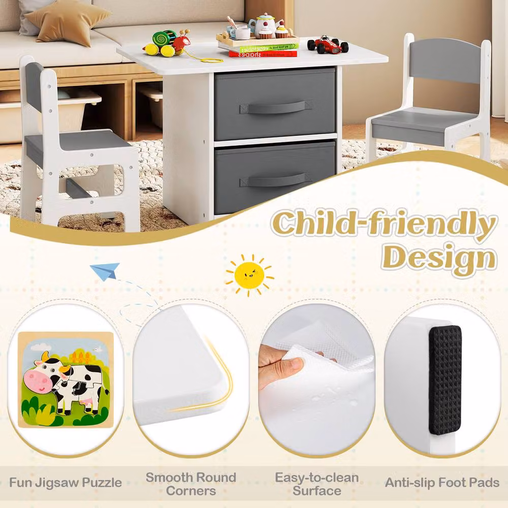 Gymax Kids Table and 2 Chairs Set with Fabric Storage Bins in White – 3