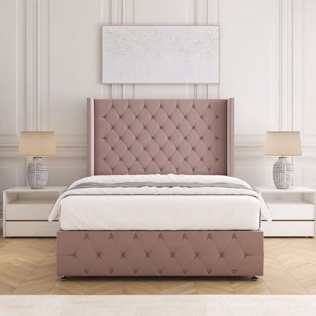 BSSPOKE Ruby Divan Bed Set with 54 inch Plush Velvet Headboard and Mattress in Pink, Small Double, W/D/H: 120 x 200 cm