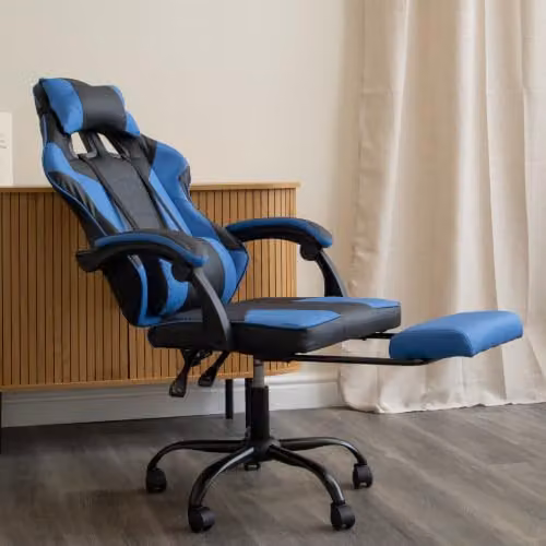 Samuel Alexander Blue Faux Leather Ergonomic Gaming Chair with Headrest and Foot Ring – 2