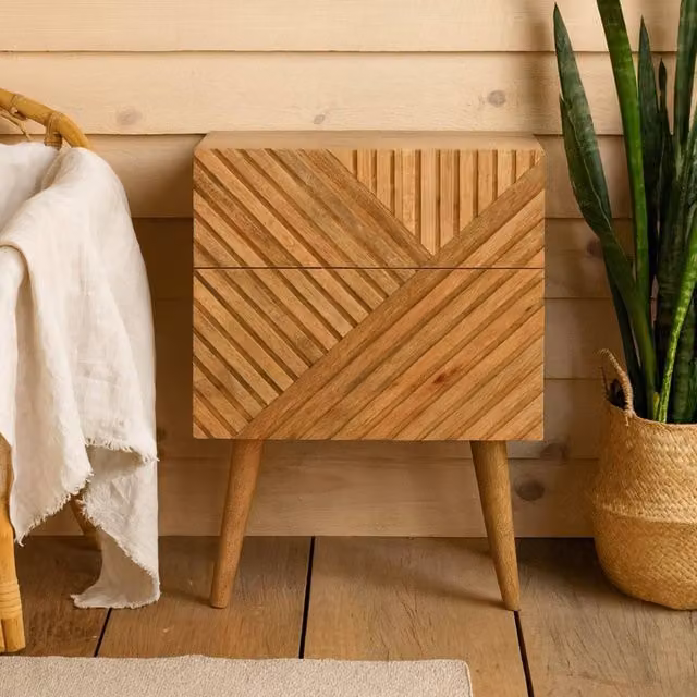 Wyld Haus Lille Hand Carved Natural Mango Wood 2 Drawer Bedside Table in Brown – 1