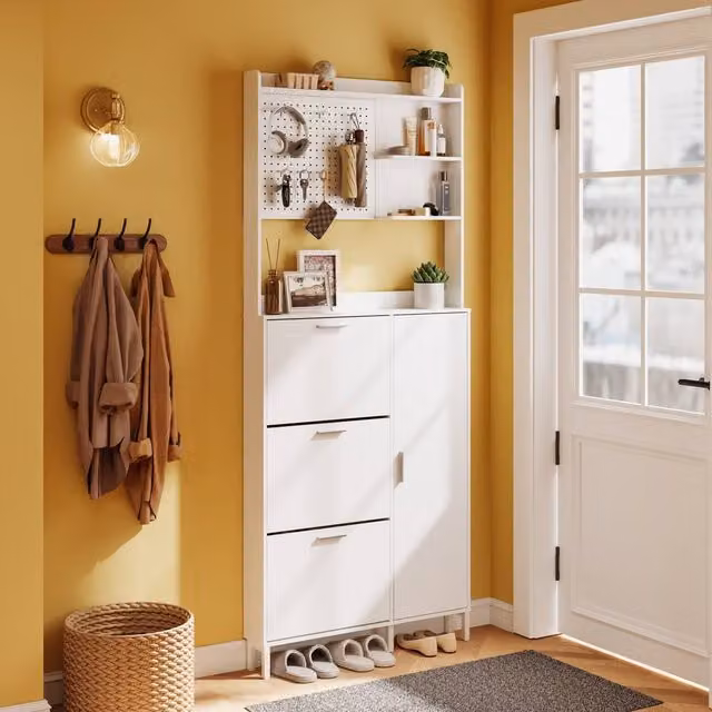 SoBuy Modern Slim White Hallway Shoe Cabinet with Tilting Compartments and Internal Shelves