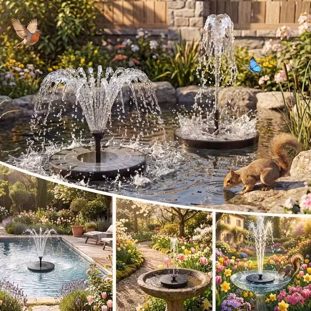 NESTLUNE 1.5W Solar Fountain Pump in Black with 5 Spray Nozzles and 4 Securing Stakes – 5