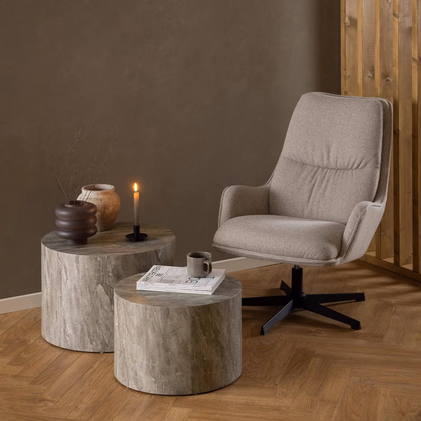 Furniture To Go Dice Round Coffee Table Set in Grey Marble – 3