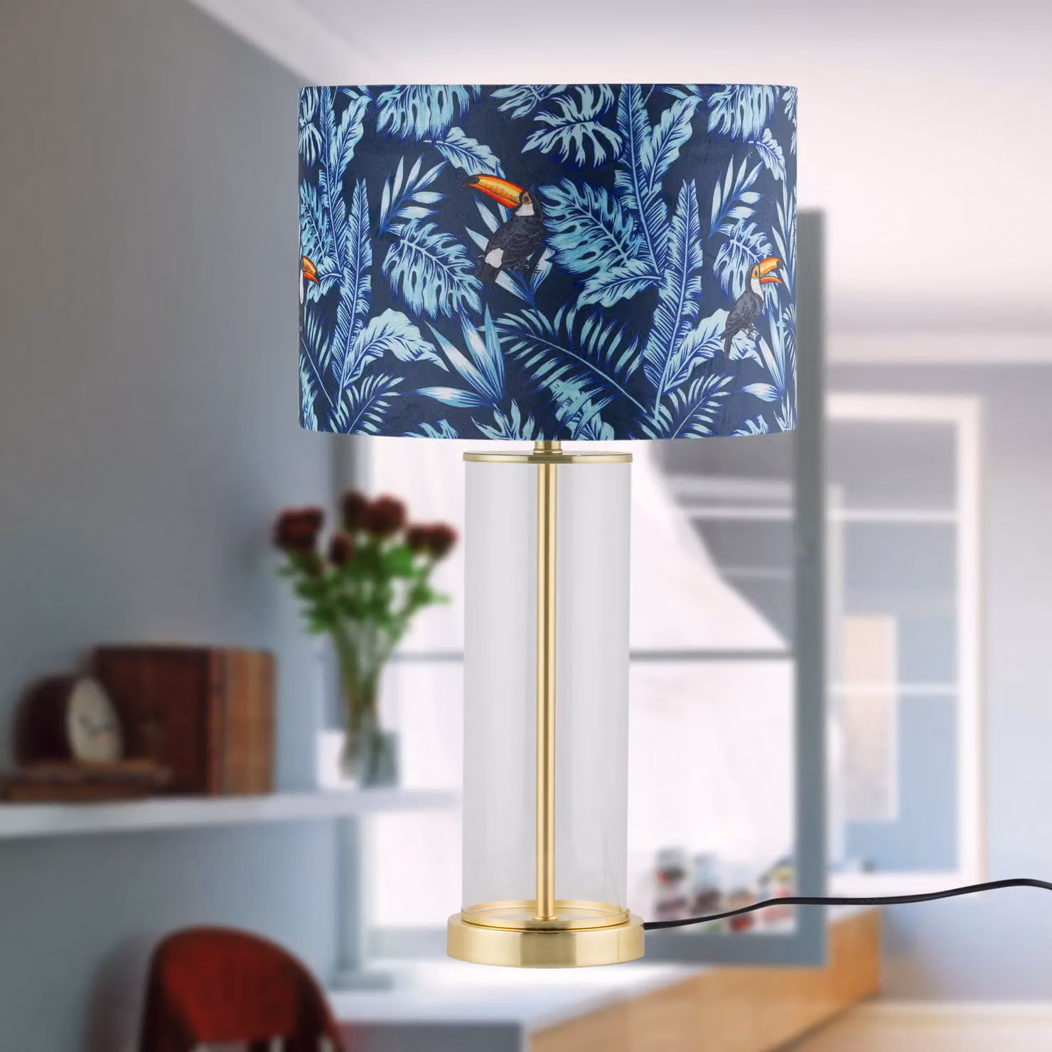 First Choice Lighting Aura Table Lamp in Gold and Satin Brass with Glass and Fabric Shade – 5