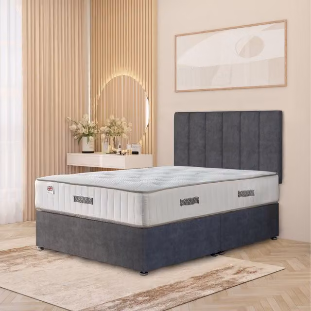 Somnior Beds Ltd Austin Plush Velvet Orthopaedic Divan Bed Set with Hybrid Mattress, Headboard and Drawers, Anthracite Grey, W/D: 180 x 200 cm