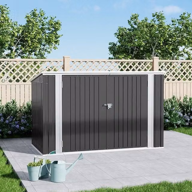Lifeideas Metal Garden Storage Shed with Hinged Lid and Double Doors, Charcoal Black, W: 207.26 cm, D: 103.6 cm, H: 207.26 cm