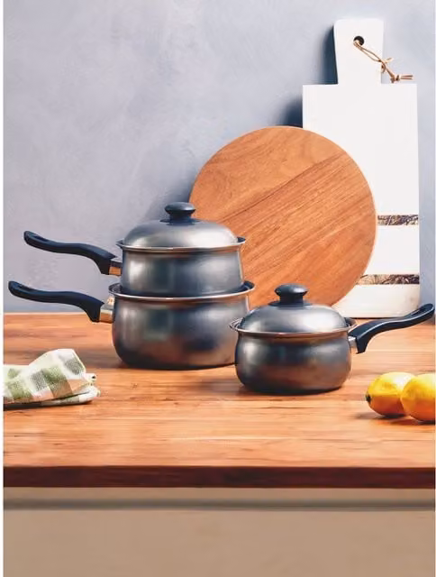 Orsina 3 Piece Non-Stick Carbon Steel and Stainless Steel Saucepan Set with Lids, Black and Silver