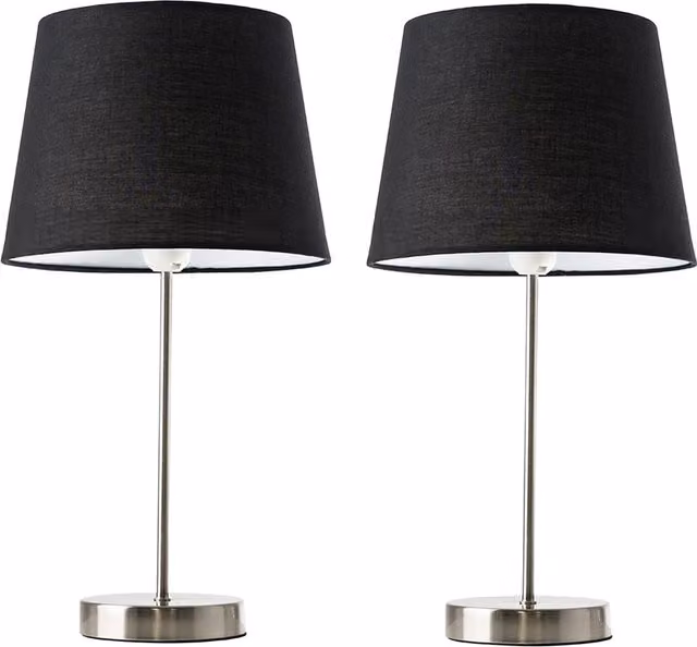 ValueLights Charlie Set of 2 Modern LED Table Lamps in Black with Fabric Cylinder Shades